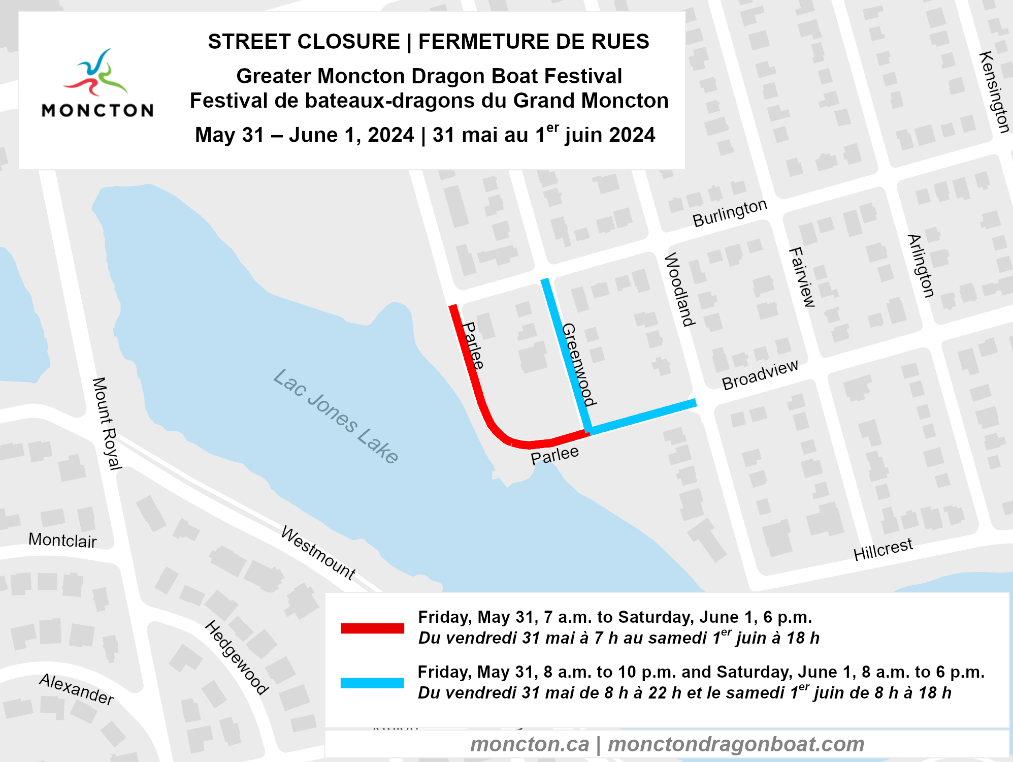 Street closure map for the Greater Moncton Dragon Boat Festival